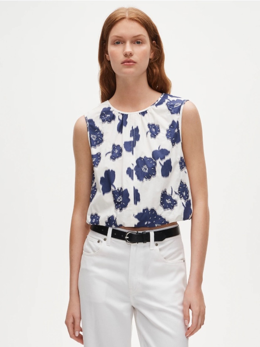 J. Crew Embellished drawstring-waist tank top in blurred floral Ivory Faded Navy